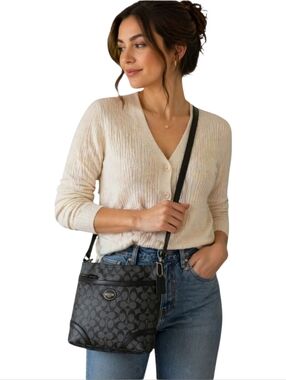 Coach Black Signature Monogram Crossbody Shoulder Bag Zip Top Canvas & Leather
